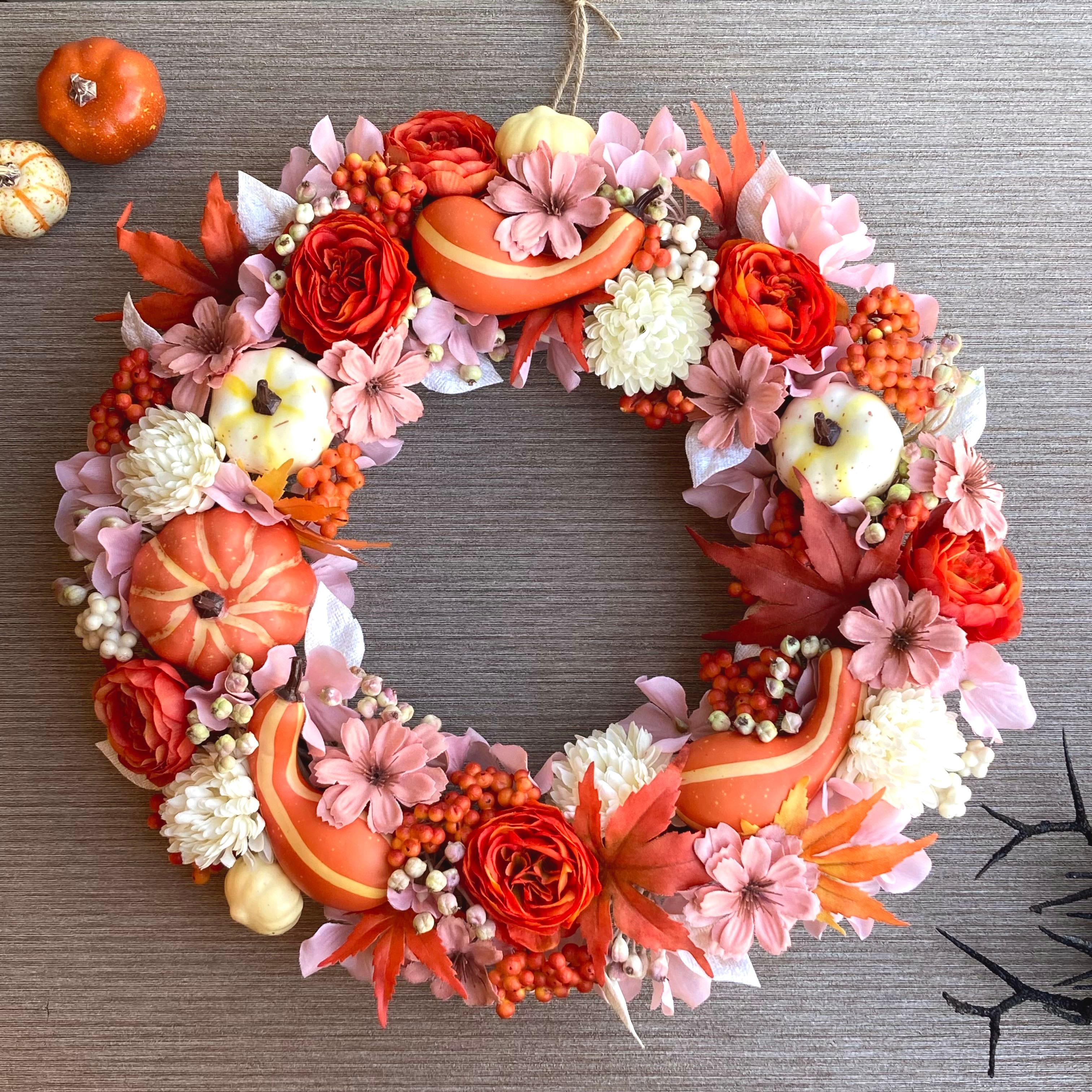 数量限定【ハロウィン】お花たっぷりのオータムリース　３５cm／パンプキンリース・ハロウィンリース1枚目の画像