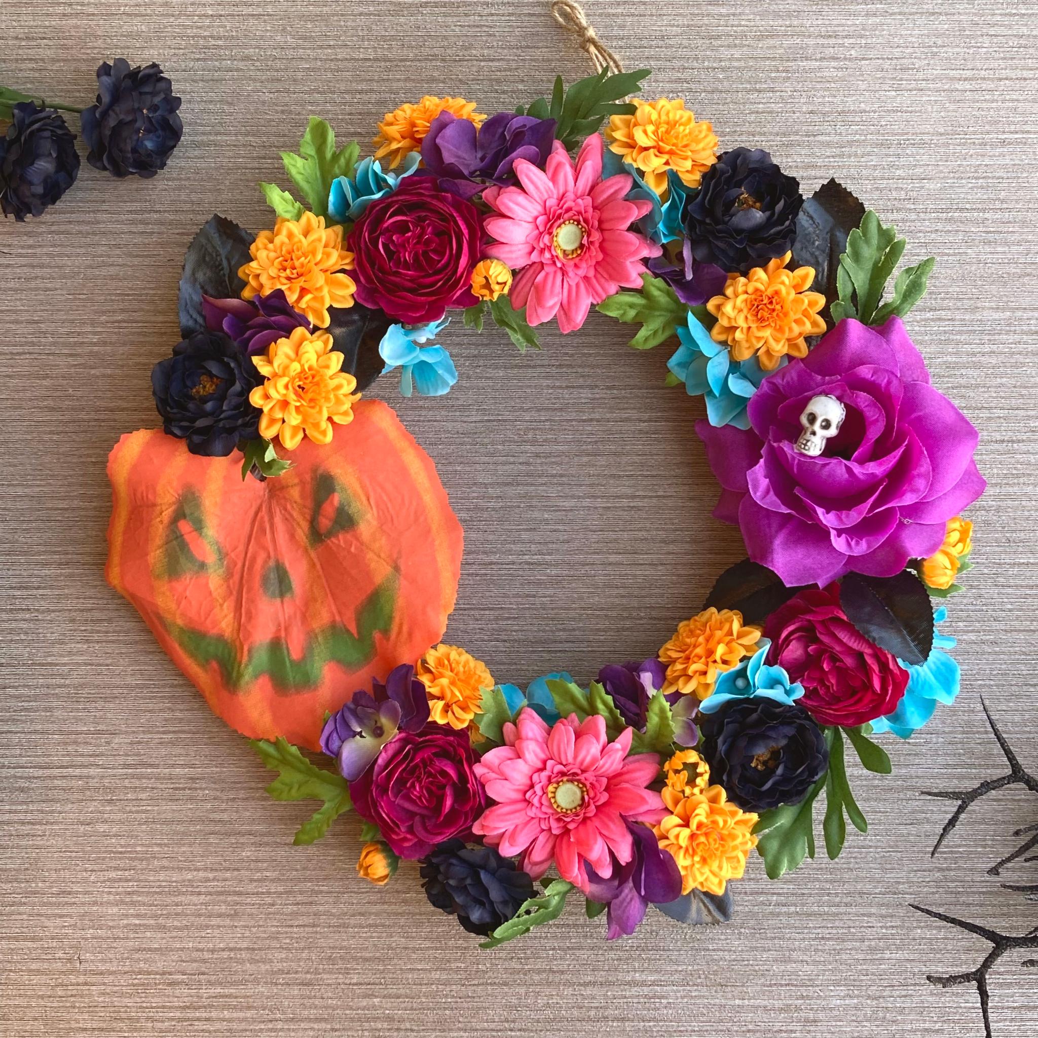 一点物【ハロウィン・死者の日】お花たっぷりのオータムリース　リメンバーミー／ハロウィンリース1枚目の画像