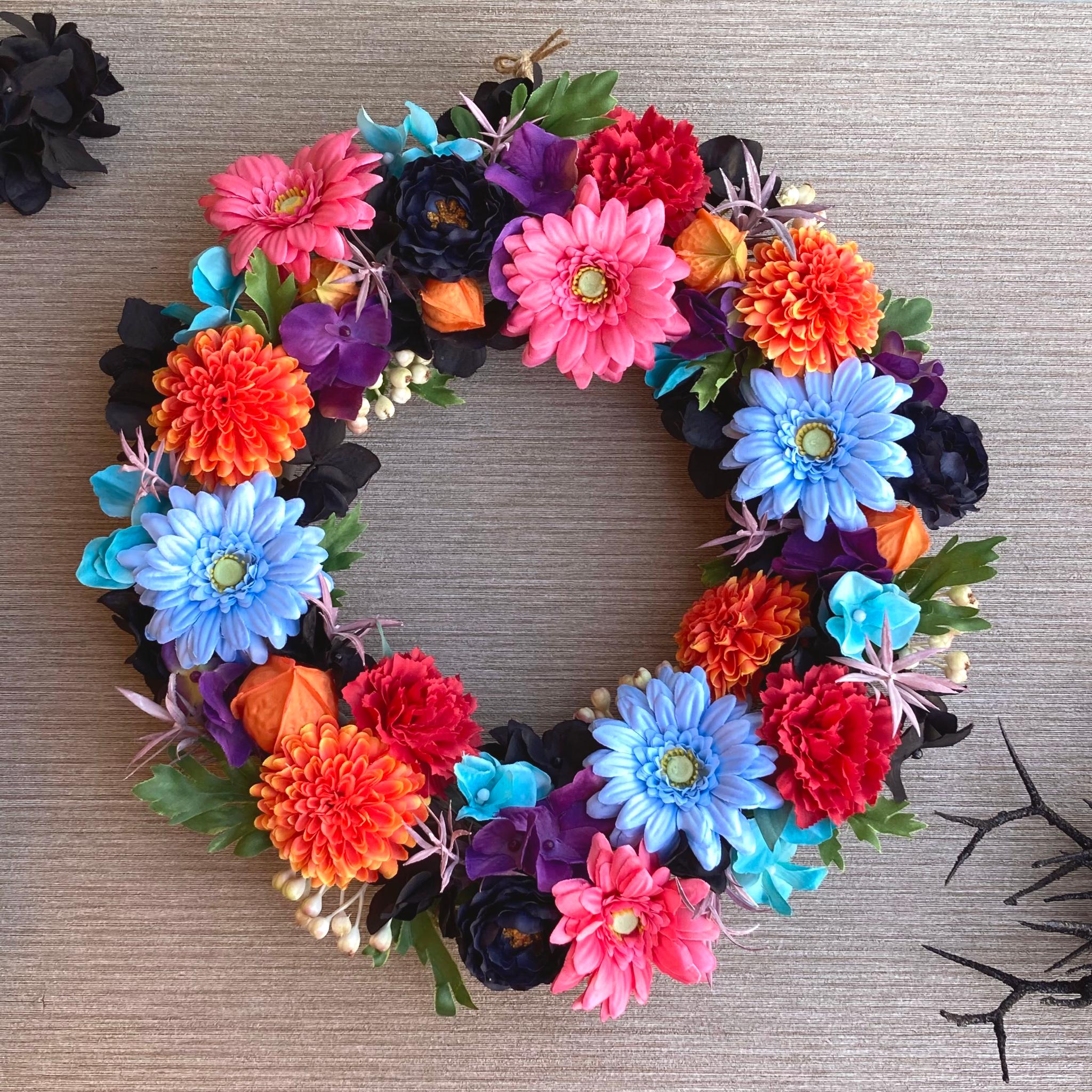 一点物【ハロウィン・死者の日】お花たっぷりのオータムリース　リメンバーミー／ハロウィンリース1枚目の画像