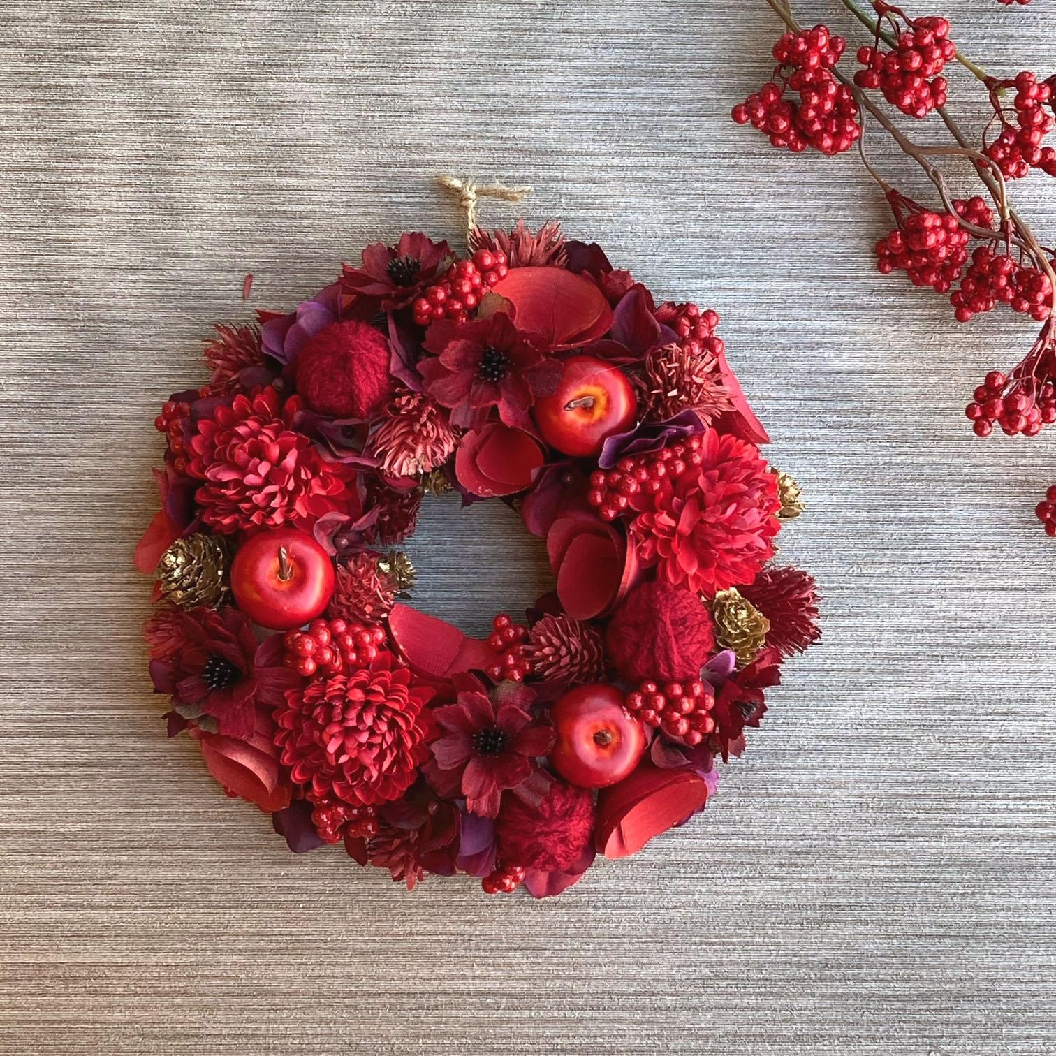数量限定【大人のクリスマス】バーガンディとゴールドのウィンターリース ２１cm・Ｍ　クリスマスリース・クリスマス飾り／赤
