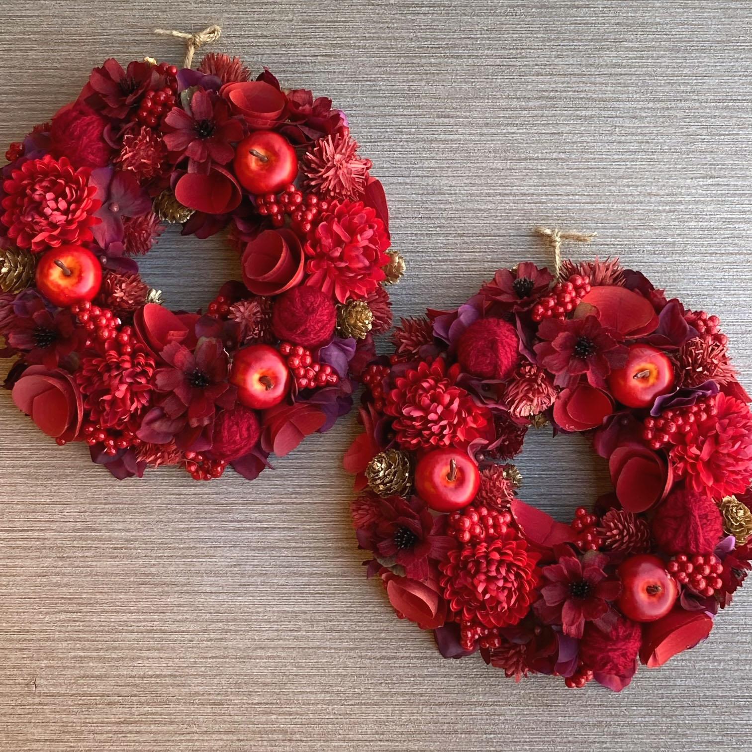 数量限定【大人のクリスマス】バーガンディとゴールドのウィンターリース ２１cm・Ｍ　クリスマスリース・クリスマス飾り／赤 | 2枚目