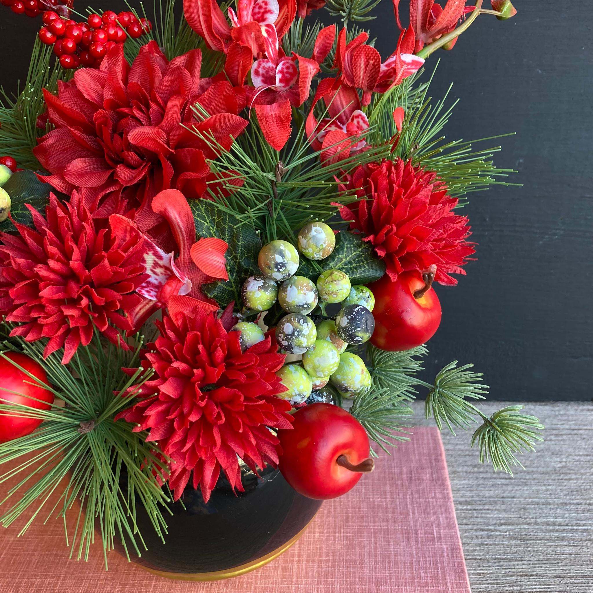 一点物／大きめサイズ【お正月】毎年飾れるダリアとランのお正月飾り　アレンジメント／お正月置物 | 5枚目