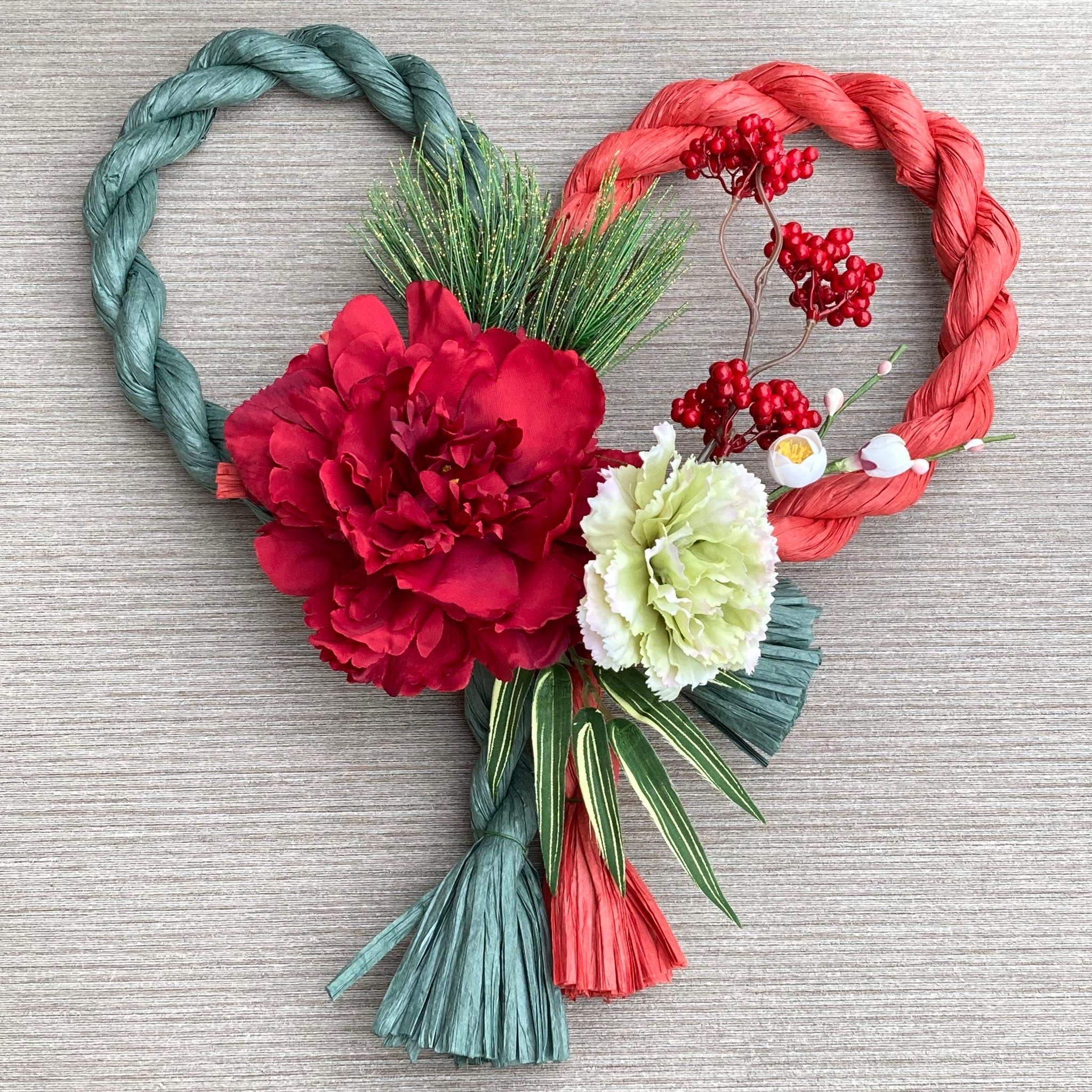 ●数量限定【お正月】2本取り 大輪ピオニーとカーネーションのしめ縄リース rb/sd・しめ縄飾り/お正月飾り1枚目の画像