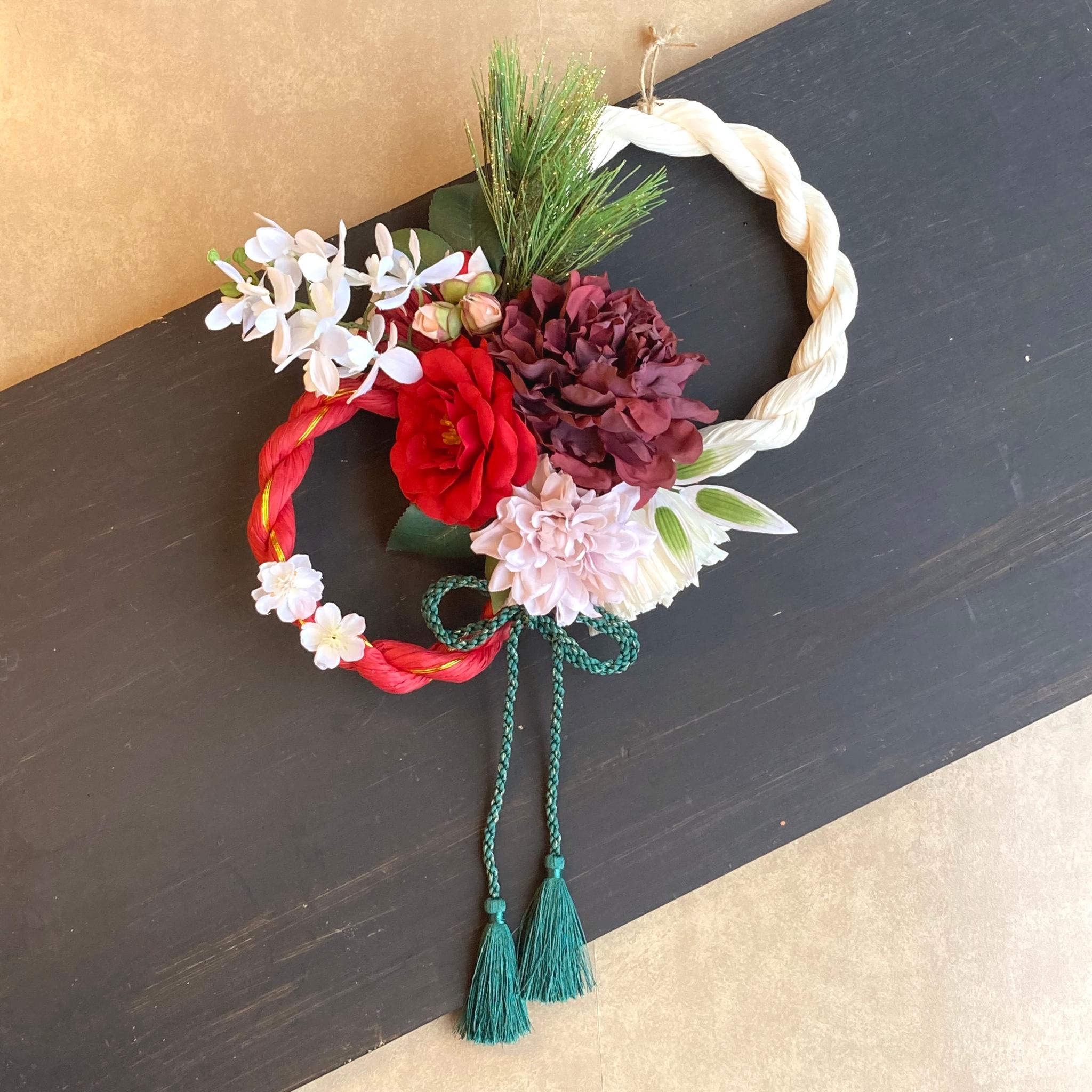 数量限定【お正月】2本取り 椿とダリアのしめ縄リース しめ縄飾り/注連縄1枚目の画像